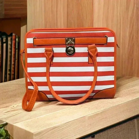 Women’s Orange & White Striped Shoulder/Hand Bag | Removable Strap | 12”x13.5” - Picture 1 of 4